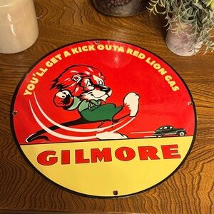 vintage-style Gilmore Gasoline porcelain sign Red Lion Gas branding
